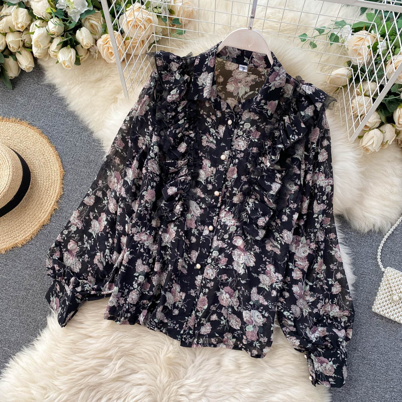 Very fairy blouse design sense niche net gauze ruffled slim fit all-match retro printed shirt female autumn new style