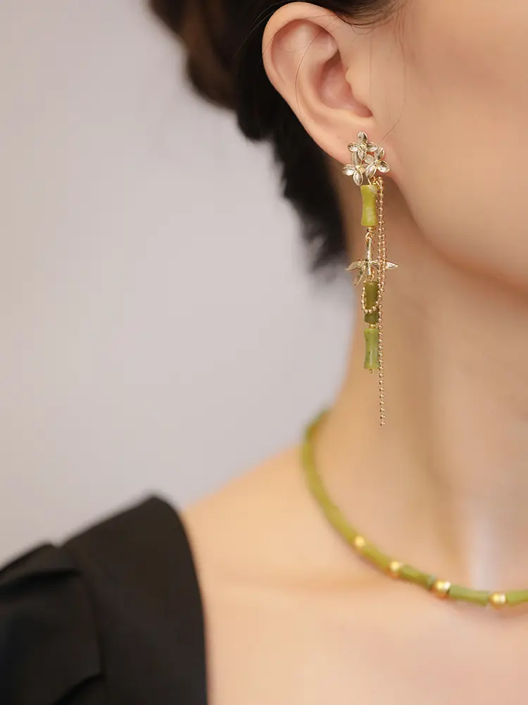 Long Design Feeling Small Fringe Bamboo Knot Earrings
