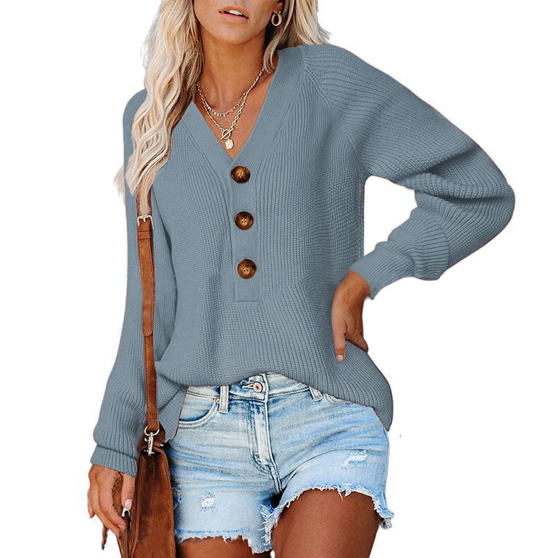 New Button Knitted V-neck Sweater