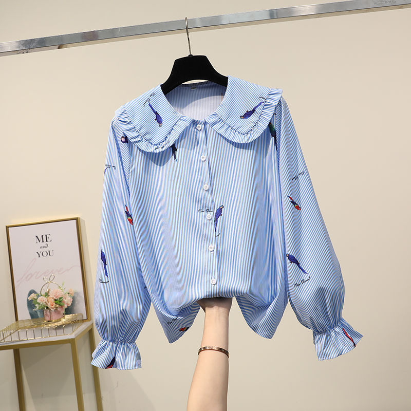 Title 3, Long Sleeve Floral Loose White Shirt Doll Collar