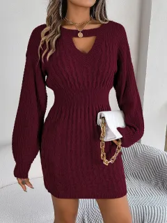 Solid Colour Cable Knit Hollow Out Lantern Sleeve Bodycon Sweater Dress - Burgundy - View 1