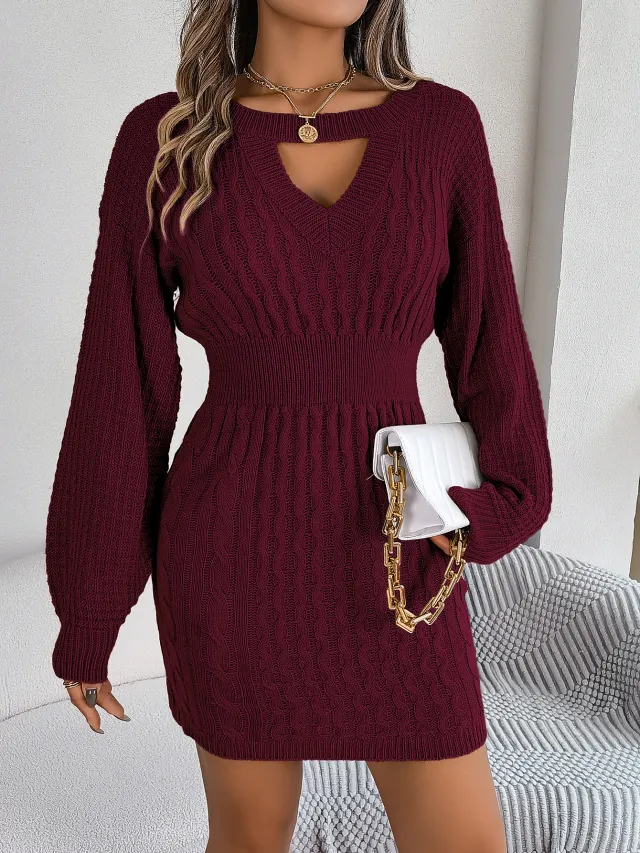 Solid Color Cable Knit Hollow Out Lantern Sleeve Bodycon Sweater Dress Burgundy - Shop at LoveMi