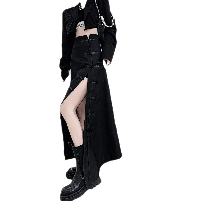 Harajuku Wind Dark Cheongsam Button High Waist Skirt - Black