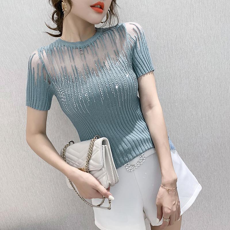 Title 5, All-match Ice Silk Knitted Mesh Hollow Lace Top