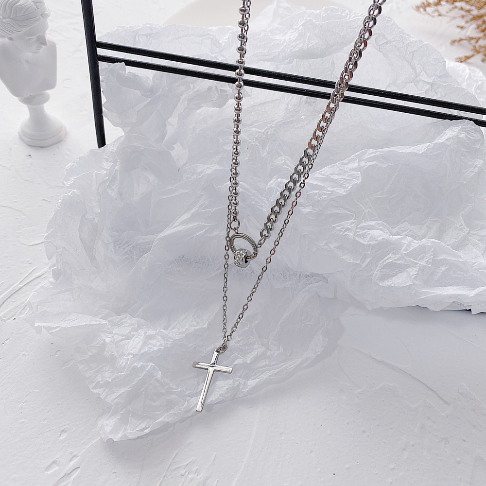 Retro Ins Wind Cross Clavicle Chain Ins Tide Ring Double-Layer Titanium Steel Necklace