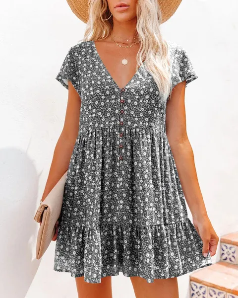 V Neck Button Small Floral Short Sleeve Loose Casual Dress Black - Shop at LoveMi