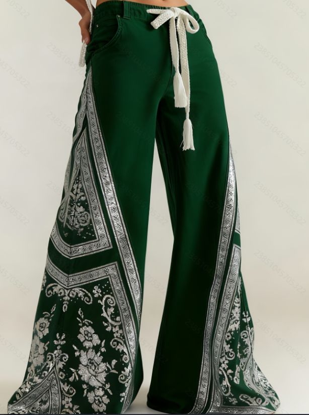 Women's Retro Patchwork Wide-Leg Pants, High-Waisted Drape Flared Pants, Ethnic Style Tie Casual Pants