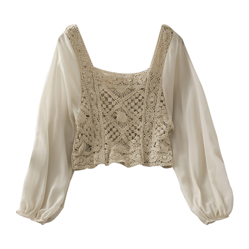 Women's Chiffon Panel Puff Long Sleeve Top