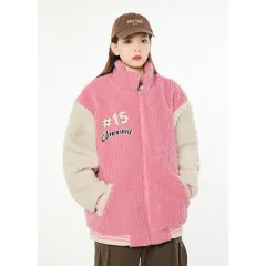 Warm Loose Cashmere Powder Baseball Jacket Cotton Padded - Pink - View 1