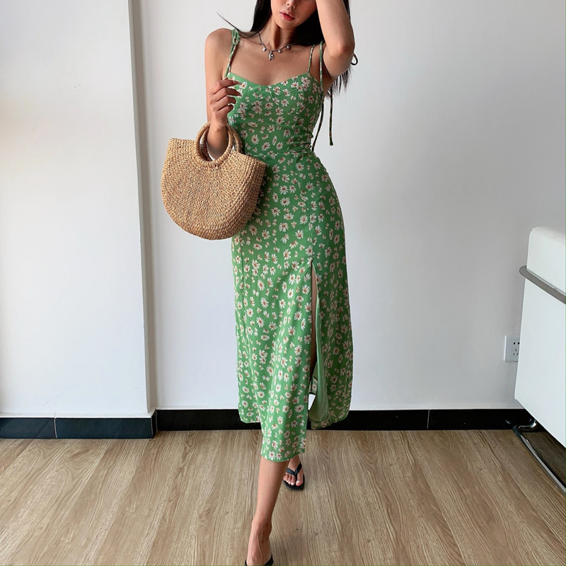 French Slim Sexy Side Slit Dress Retro Green Little Daisy Holiday Style Sling Over The Knee Midi Skirt