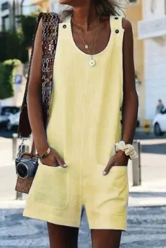 Summer New Style Women Pocket Button Cotton And Linen Strap Button Jumpsuit - Yellow - View 1