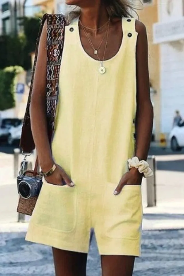 Summer New Style Women Pocket Button Cotton And Linen Strap Button Jumpsuit Yellow - Shop at LoveMi