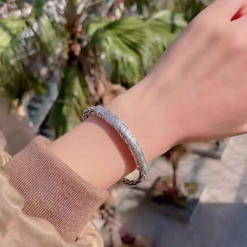 1pcs 925 Sterling Silver Tibetan Script Braided Open Bangle, Antique Ethnic Style, Ideal For Birthday Holiday Gifts