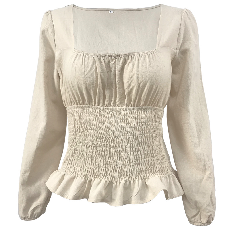 Solid Color Square Neck Deep V Long Sleeve Ruched Navel Navel Slim T-Shirt Women