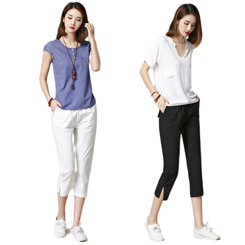 Title 4, Womens Loose High Waist Casual Linen Cropped T...