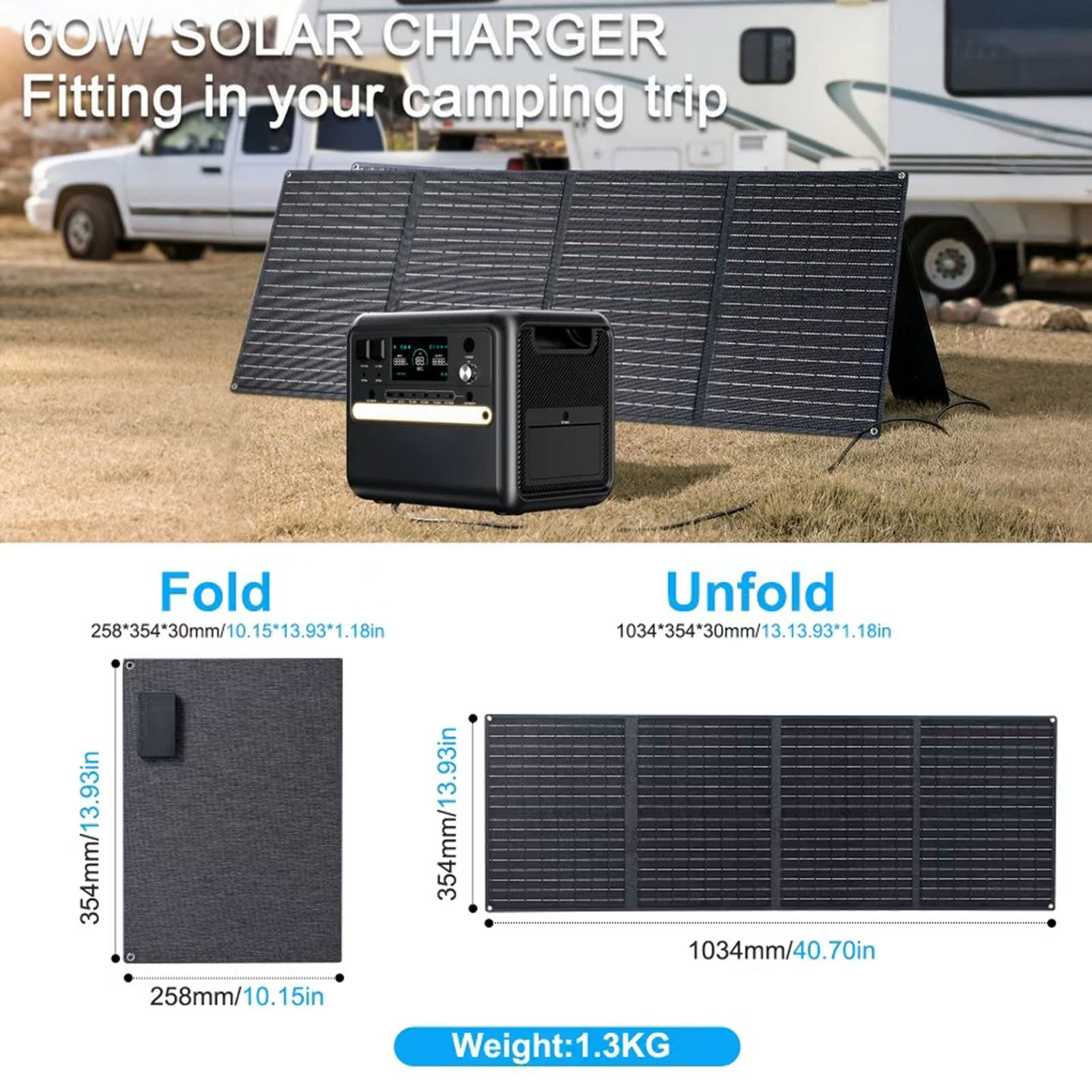 60W Portable Solar Panel Monocrystalline Foldable Solar Panel P65 Waterproof Solar Panel Charger 23.5  High Efficiency QC3 0 PD USB Port DC Output 10 Connectors For Outdoor Camping Cloudy