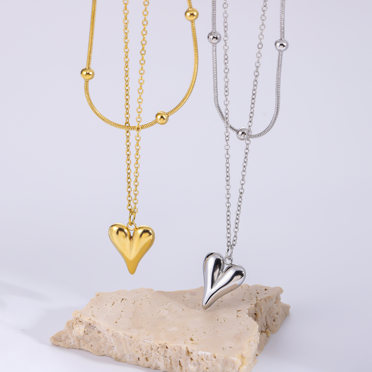 Stainless Steel Hot Sale Heart Pendant Double Layer Necklace, Niche Design, Stylish Minimalist Jewelry