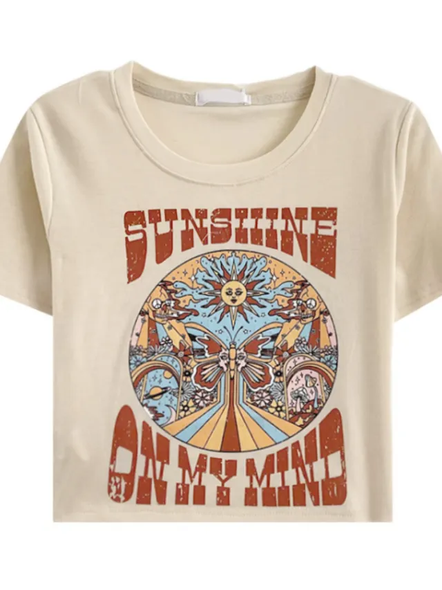 Hollow Round Neck Slimming Printed Top Short Sleeve Apricot - Shop at LoveMi