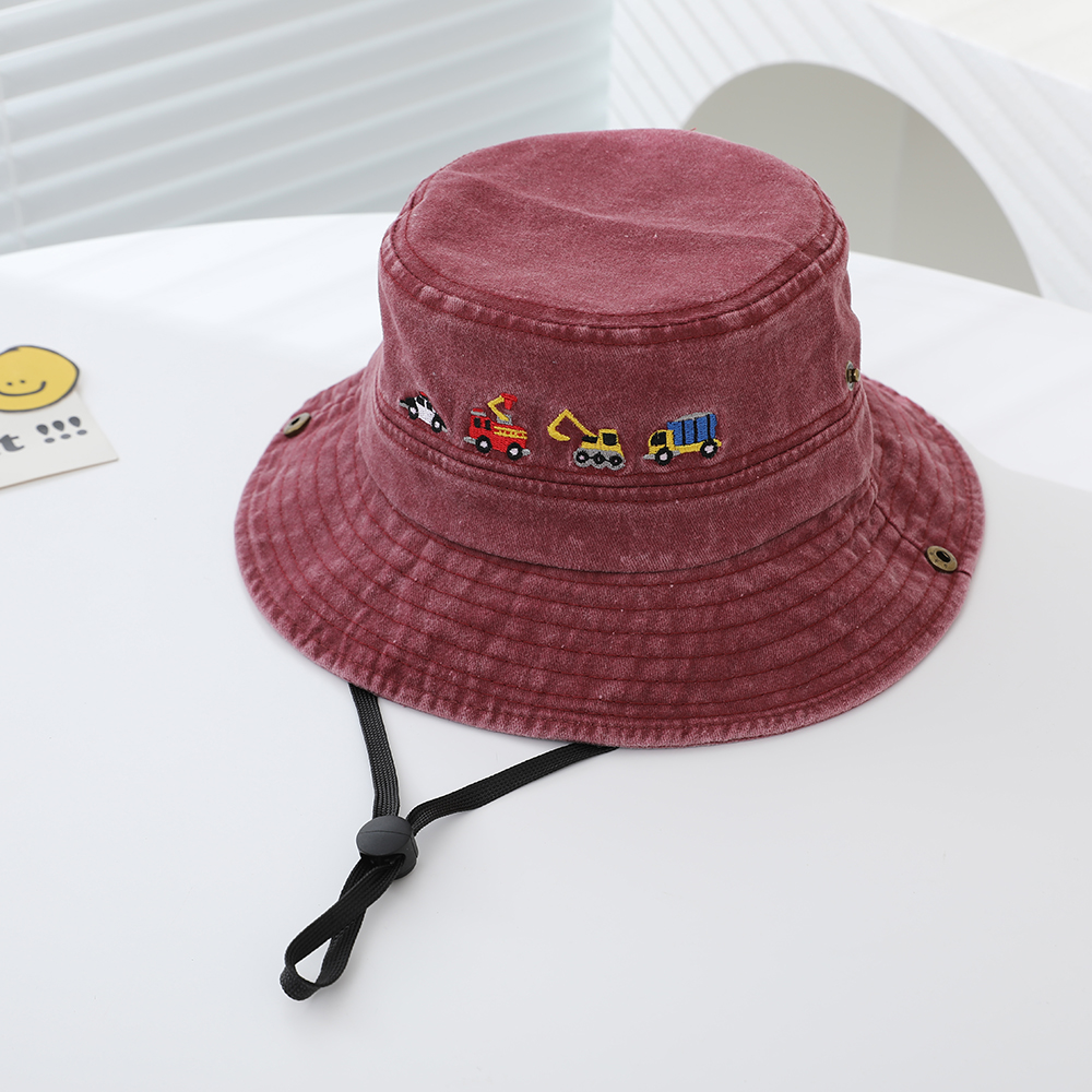 Children's Trendy Embroidered Cartoon Engineering Vehicle Flap Hat With Adjustable Drawstring And Rope