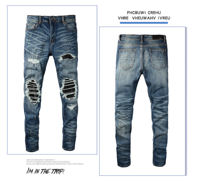 Title 4, Heren geplooide jeans met knie PU leren patches...