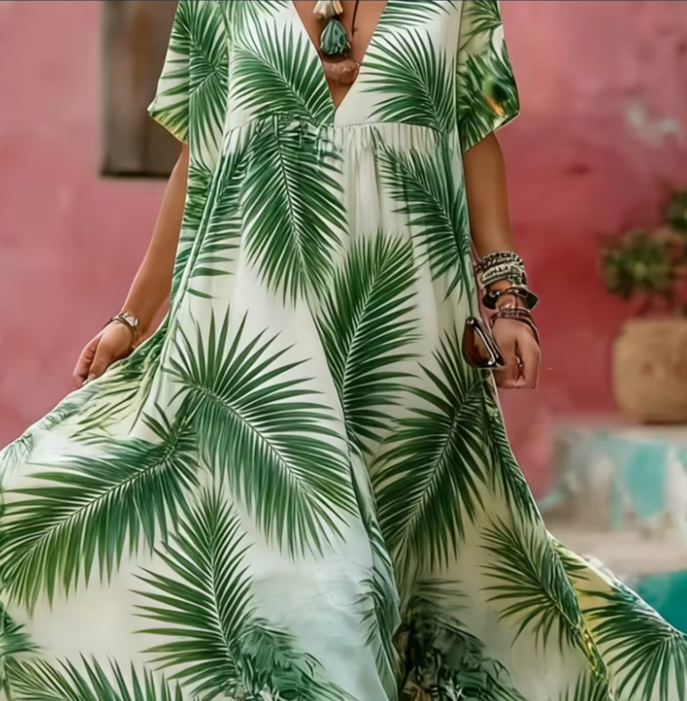 Women's Printed Elegant V-Neck Long Dress