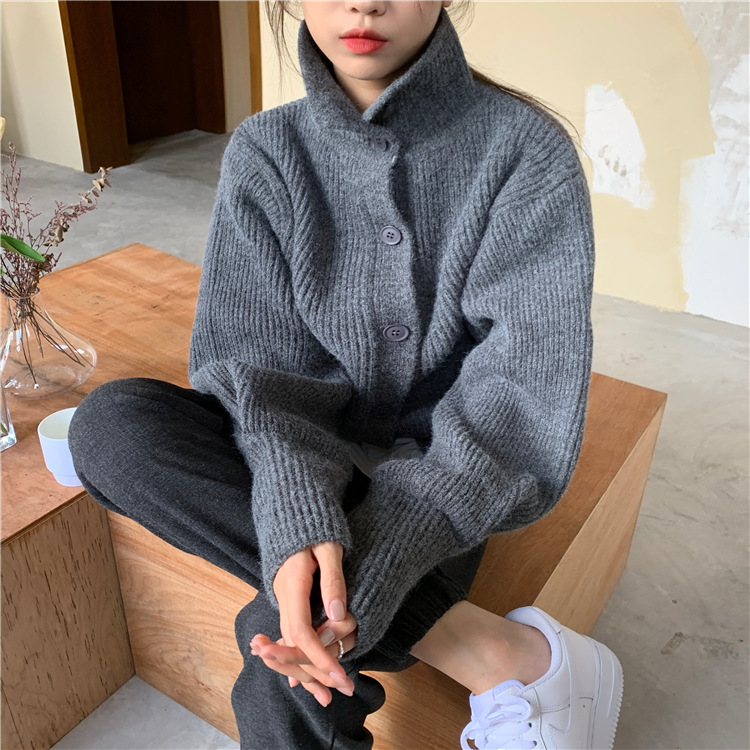 Slouchy Grey Turtleneck Loose-fitting Casual Jumper For Women