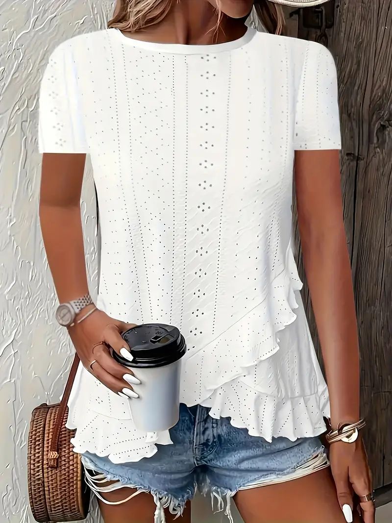 2026 European And American Amazon Summer New Women's Fashion Plus-Size Asymmetrical Ruffled Hem Short-Sleeve Top