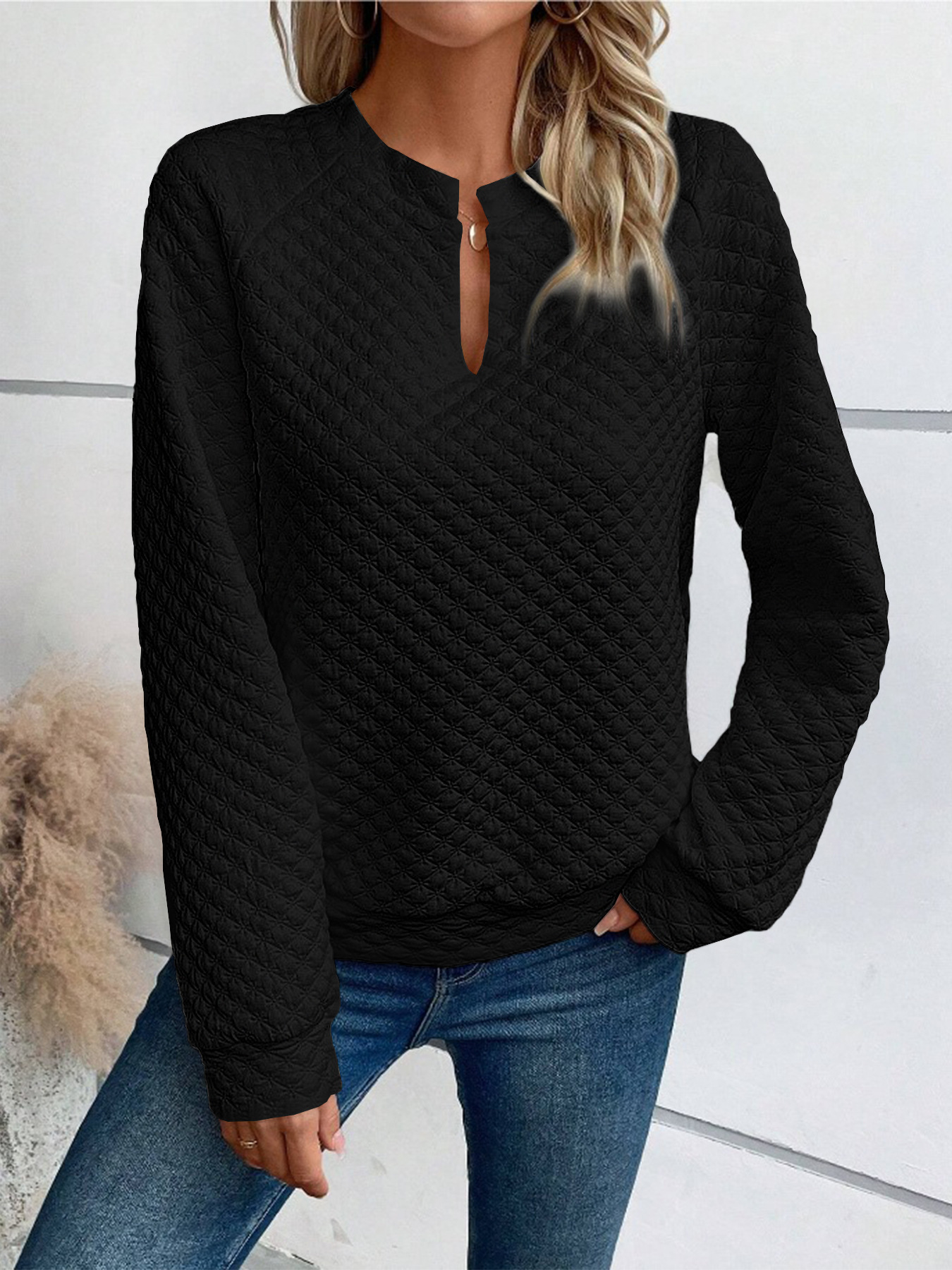 Fashion V neck Long sleeved T shirt French Style Casual Solid Color Plaid Sweatshirt Top Womens Clothing Black - Shop at LoveMi