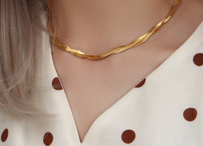 Woven Fishbone Titanium Steel Plated 18K Gold Bracelet Necklace