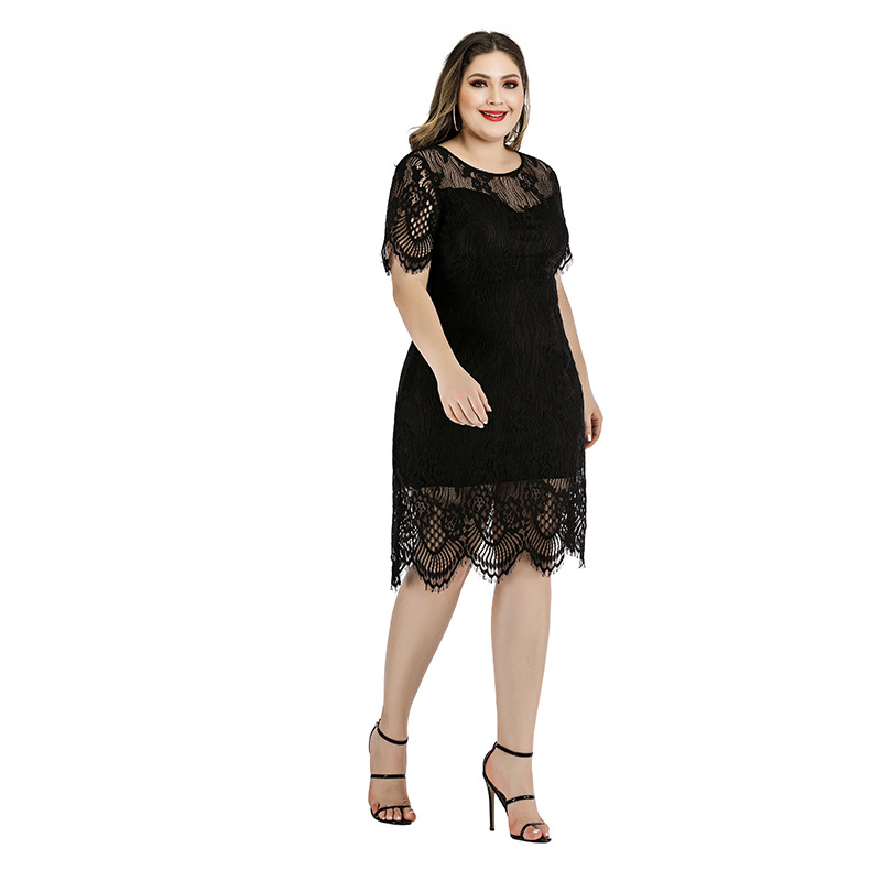 Summer Amazon Hot Large Size Women's Lace Dress Eyelash Plump Girls Waist Slimming Mini Midi Dress