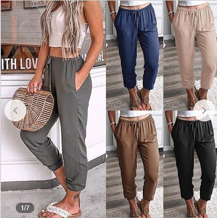 Pure Color Lace-up Ankle-length Trousers Low-rise Casual Pants