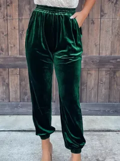 Women's Gold Velvet Trousers Straight Leg Elastic Waist Casual Pants - Green - View 1