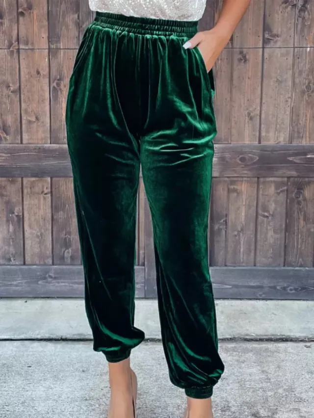 Women's Gold Velvet Trousers Straight Leg Elastic Waist Casual Pants Green - Shop at LoveMi