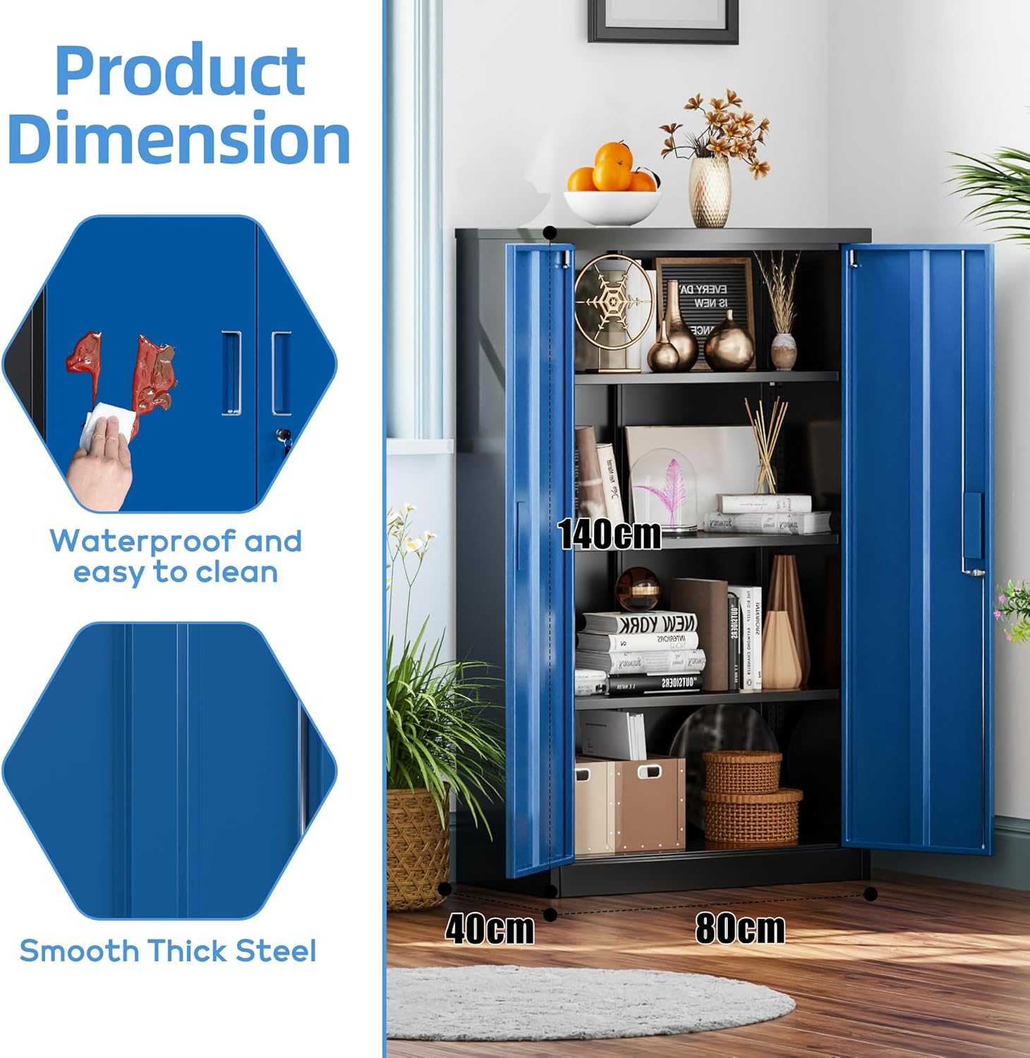 SUPEER Filing Cabinet, Metal Cabinet With 3 Height-Adjustable Shelves, Sheet Steel Powder Coating, Steel Cabinet For Tools, Garage, H 140 Cm X W 80 Cm X D 40 Cm
