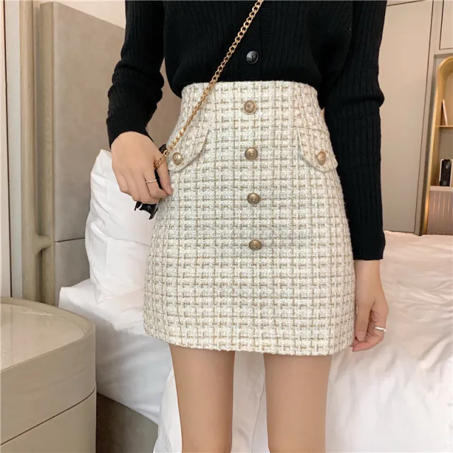 Women's Plaid A Line High Waist Tweed Skirt White - Shop at LoveMi