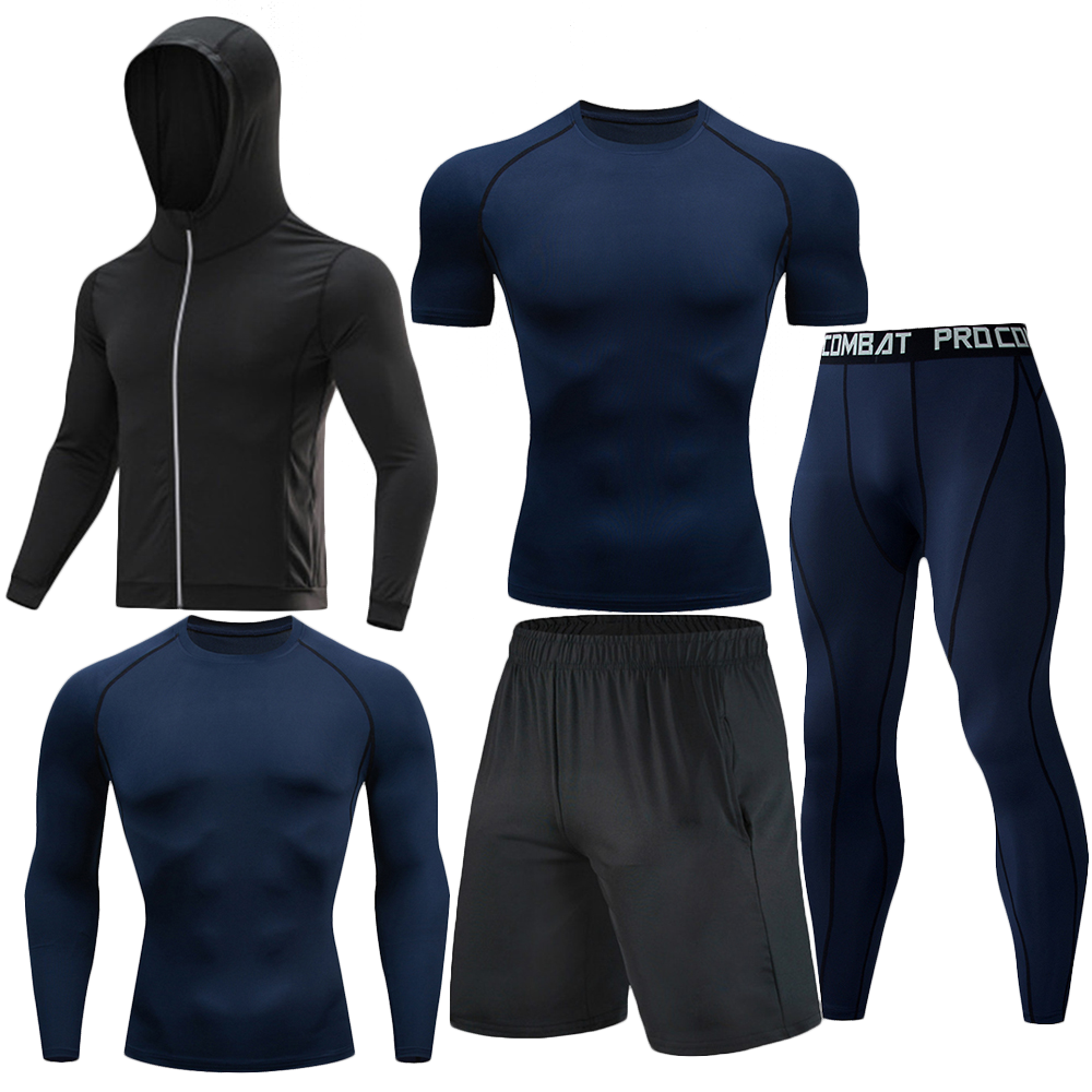 Men 5 Pieces Compression Workout Set Hooded Zip Jacket Long Sleeve Short Sleeve Tight Shirts Sports Shorts Long Leggings Quick Dry Gym Running Basketball Training Athletic Base Layer Suit