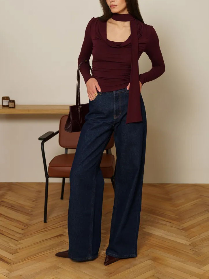 Ribbon V-neck Scarf Long-sleeved Base Shirt - Image 10