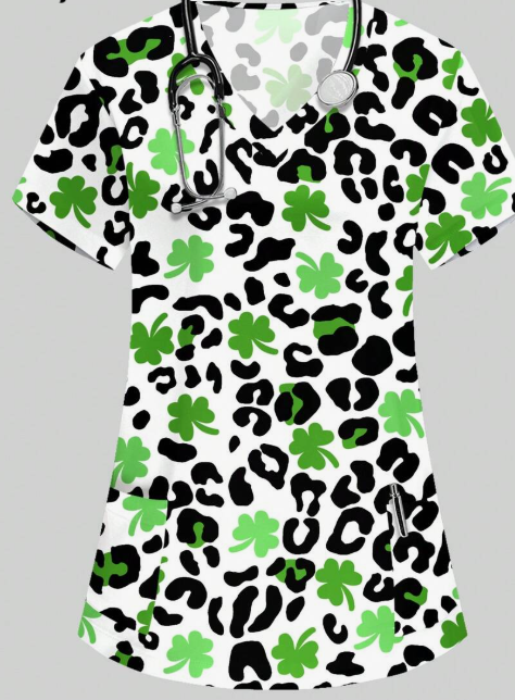 Plus Size Women's Vibrant Print Scrub Top Casual V-Neck Short Sleeve