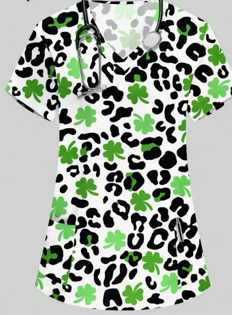 Plus Size Women's Vibrant Print Scrub Top Casual V-Neck Short Sleeve