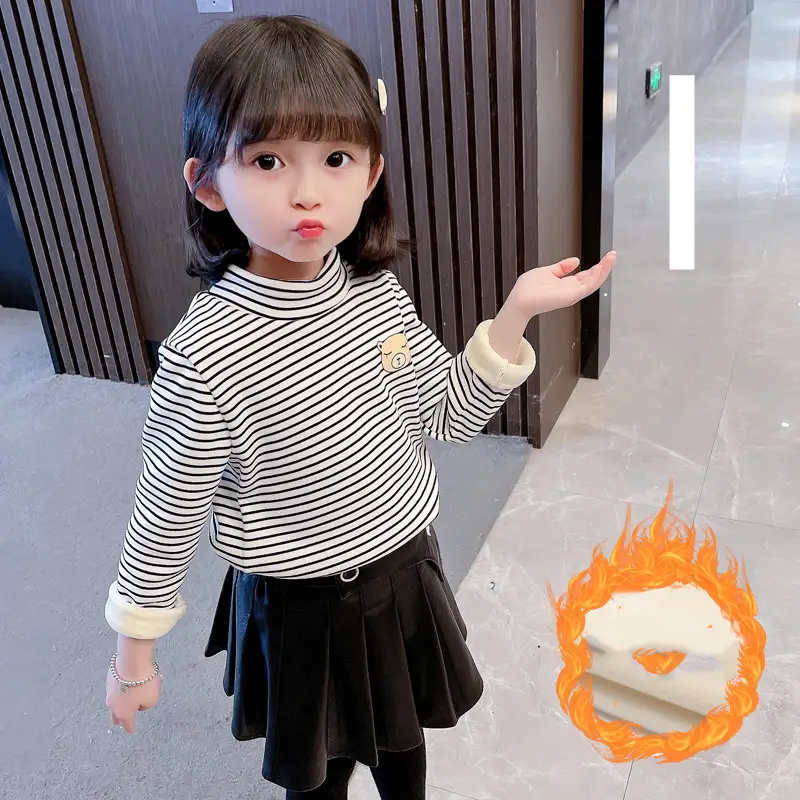 Girls' Striped Bottoming Shirt Children's High-necked Plus Velvet Padded Top