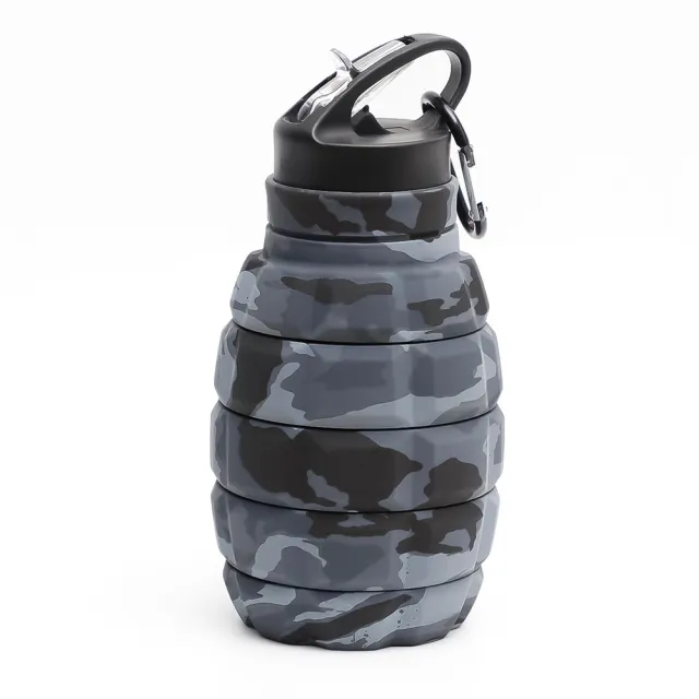 Foldable Water Bottle Food Grade Silicone Cycling Hiking Kettle With Hook Light Grey Camo - Shop at LoveMi