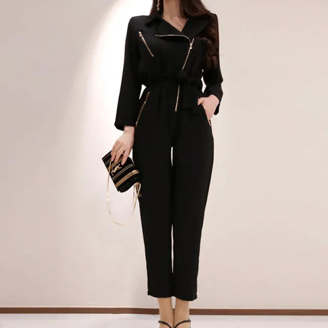 Temperament Suit Collar High Waist Loose Casual Retro Jumpsuit Black - Shop at LoveMi