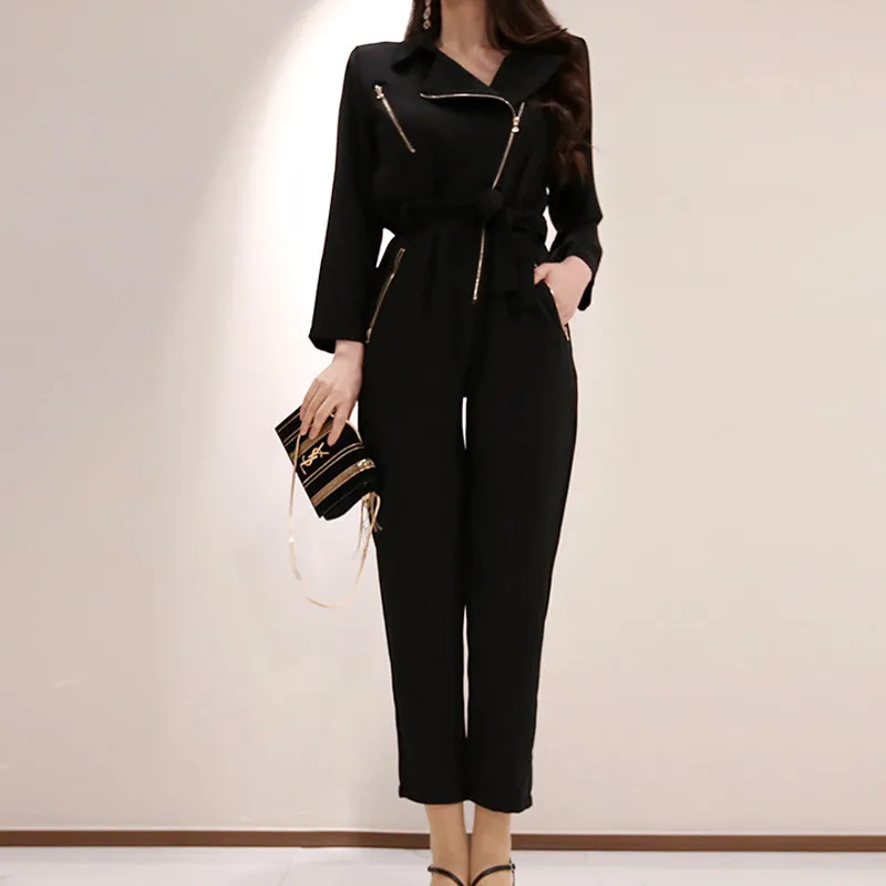Temperament Suit Collar High Waist Loose Casual Retro Jumpsuit - Black
