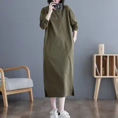 Women's Casual Solid Color Round Neck Dress, Loose Fit Long Sleeve Midi Dress With Slit And Pockets - Army Green - View 1