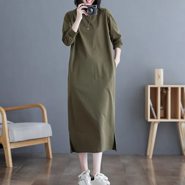 Women's Casual Solid Color Round Neck Dress, Loose Fit Long Sleeve Midi Dress With Slit And Pockets Army Green - Shop at LoveMi