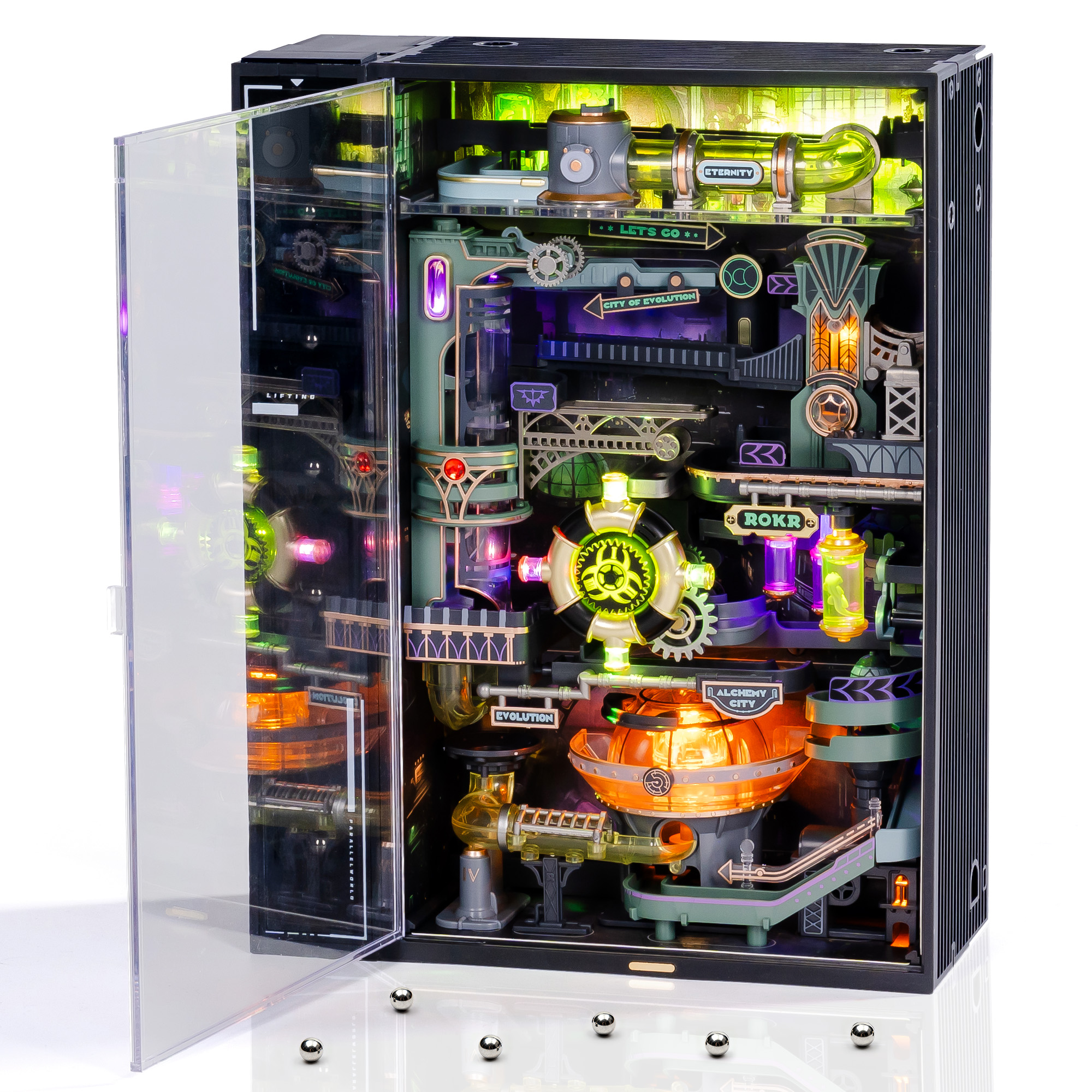 ROKR Parallel World Series - Alchemist's City Pinball Track Model MR04S - 3D Glowing Fantasy Track, Adult Cyberpunk Desktop Ornament, DIY Model Assembly Kit