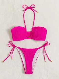 Plain Smocked Tie Side Bikini Swimsuit Women - Pink - View 1