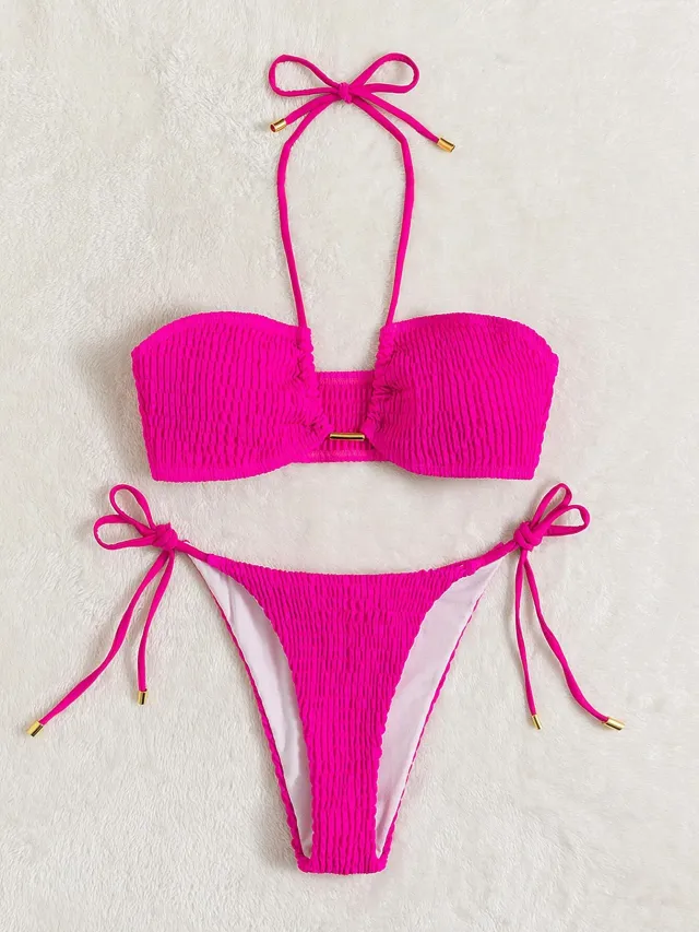 Plain Smocked Tie Side Bikini Swimsuit Women Pink - Shop at LoveMi