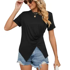 Solid Colour Loose Round Neck Pleated Ladies T-Shirt Top - Black - View 1