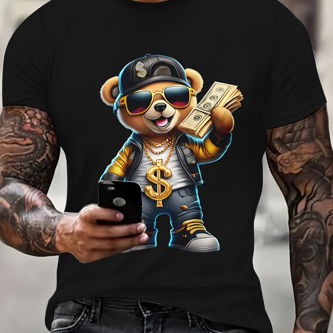 Men's Hip Hop Bear Pattern T-Shirt - Casual 3D Printed, Breathable Short Sleeve